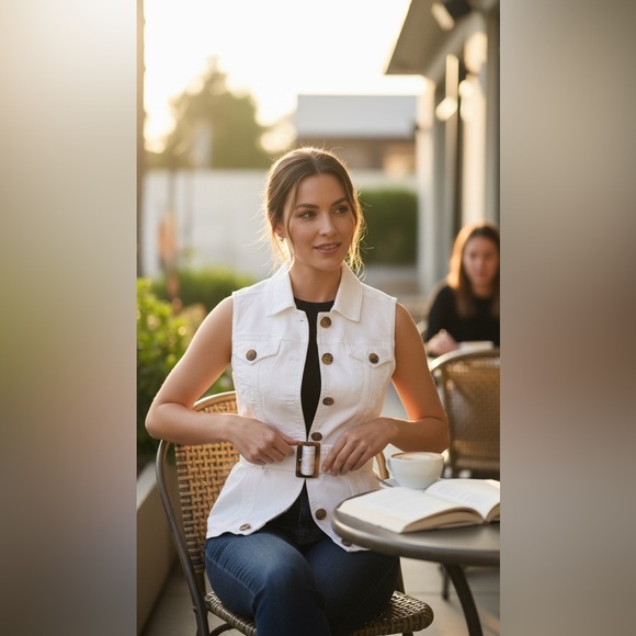 White House Black Market Tops - WHBM White Denim Belted Vest Stretch Tortoiseshell Buttons Size 0